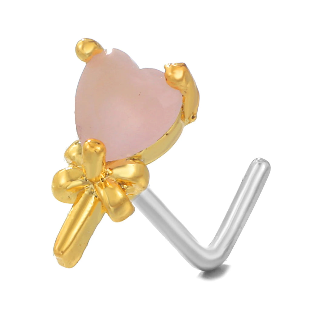 Minimalist animal L-bar nose stud with zircon inlay, 18K gold or white K plated copper