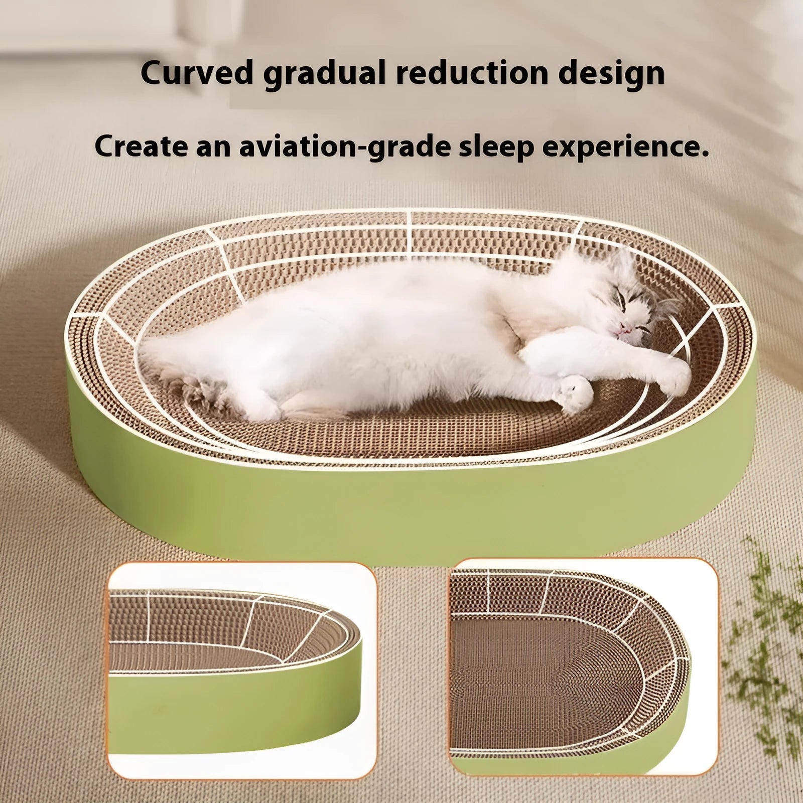 Green oval cat scratch board nest made from corrugated paper measuring 55cm in diameter