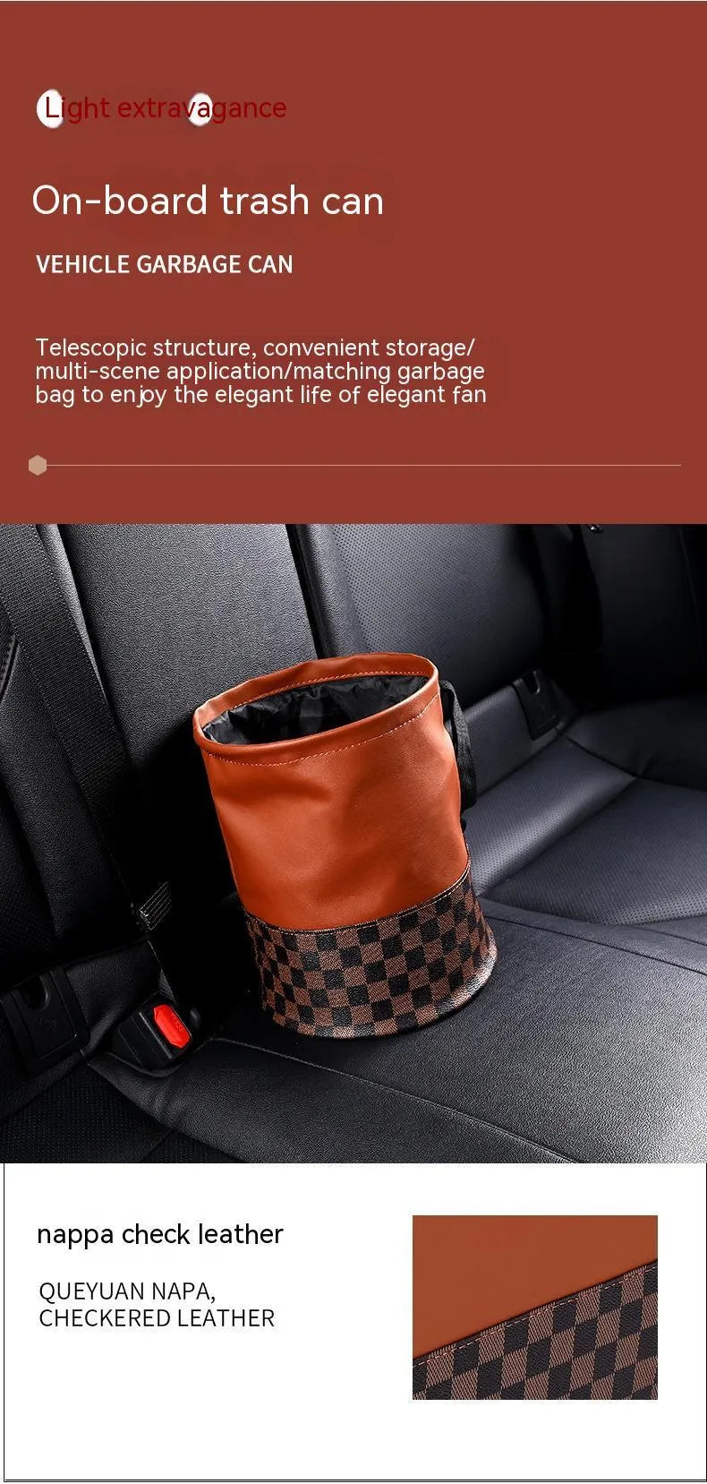 Leather retractable interior car bin with handle, shown in vehicle cabin setting