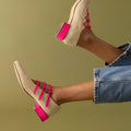 Women's casual low heel square toe shoes in apricot with three-breasted design