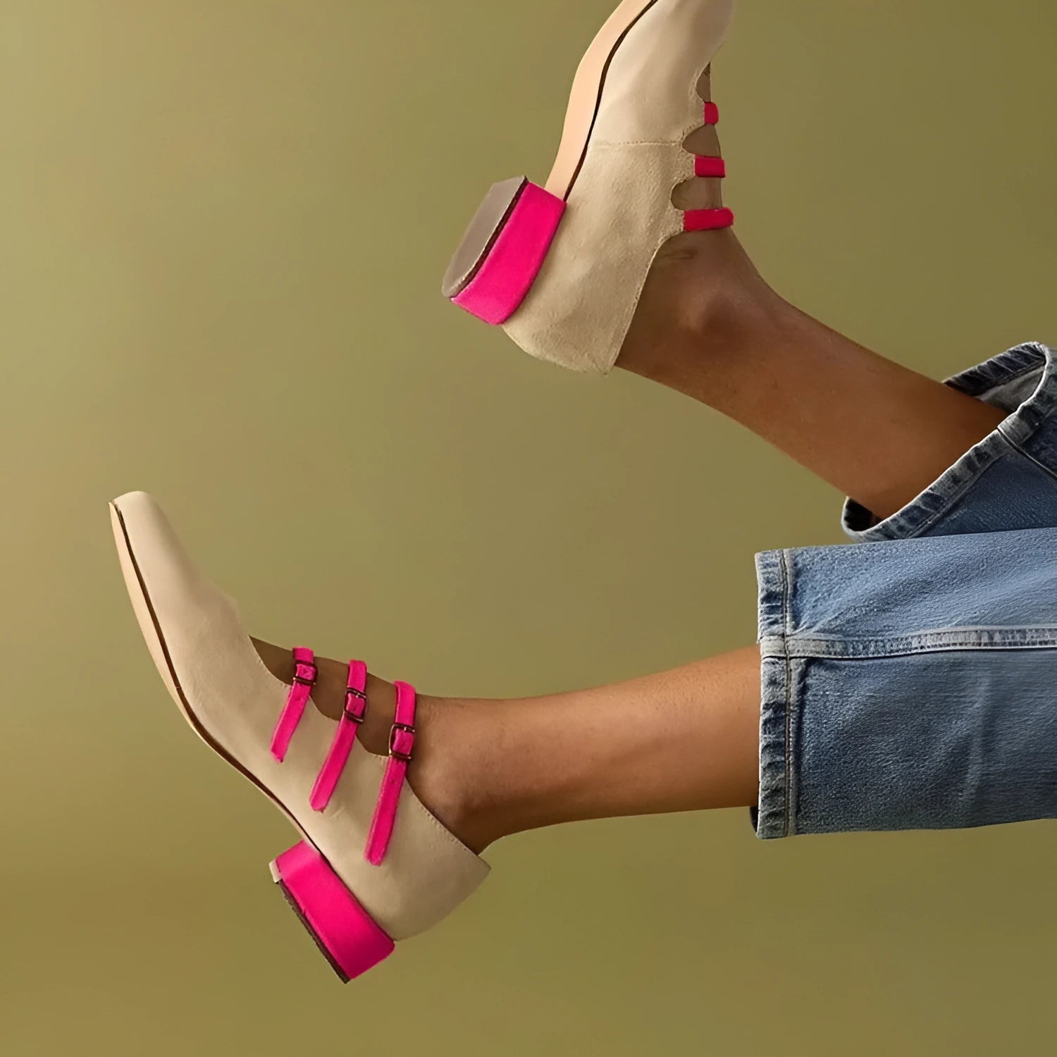 Women's casual low heel square toe shoes in apricot with three-breasted design