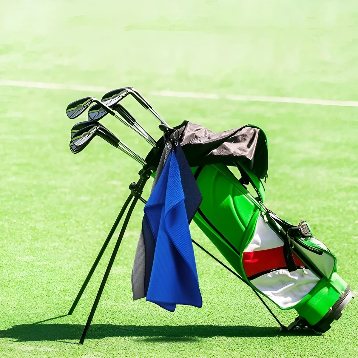 Waffle weave golf ball cleaning cloth in blue, showing textured surface and rectangular shape.