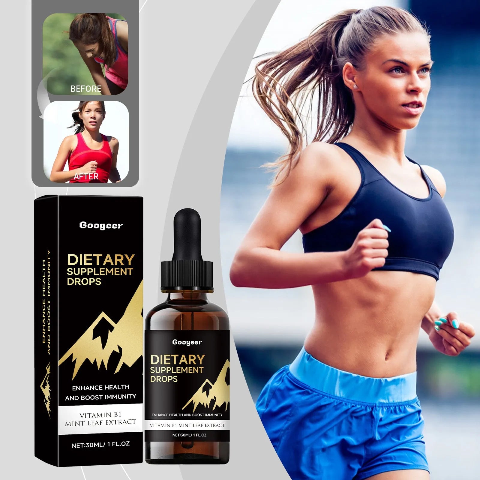 Bottle of dietary supplement drops with a measured dropper for dosage control.