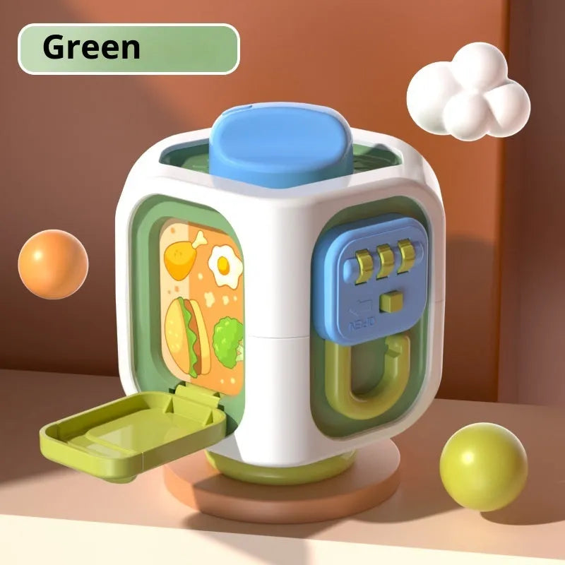 Hexahedral busy ball cube educational toy in green or pink with colour box packaging