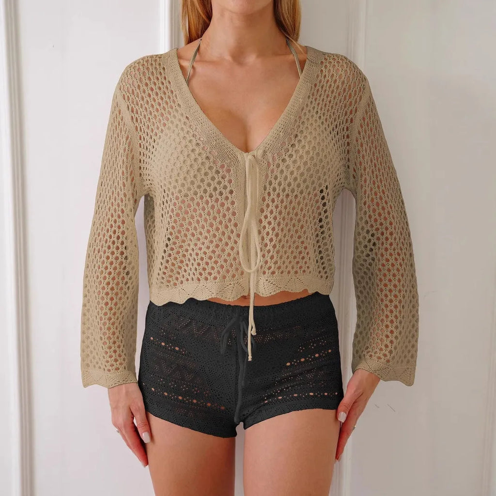 Women's hollow woven cardigan blouse with bell sleeves in imitation cotton fabric