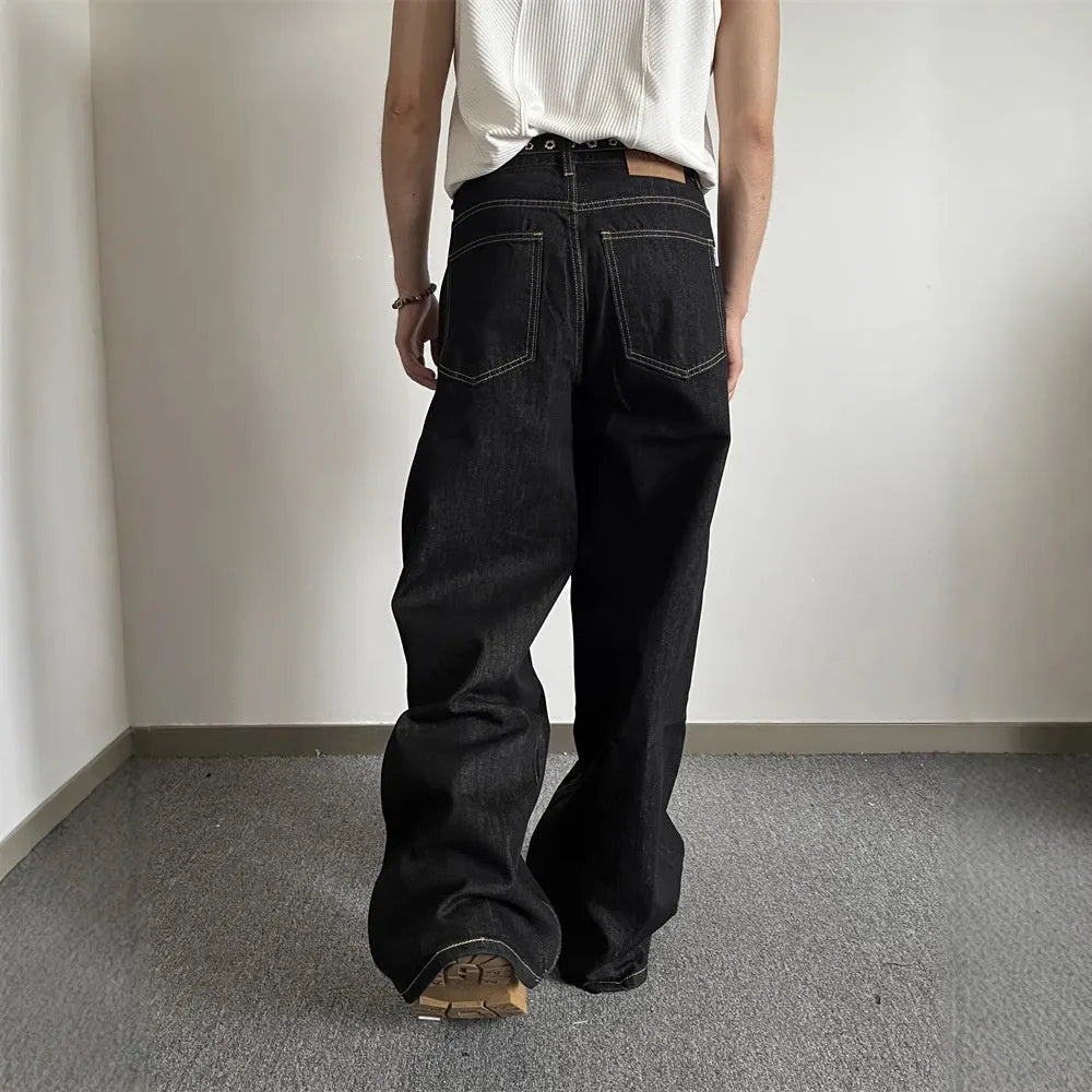 Black retro loose wide-leg jeans with straight-leg design on mannequin