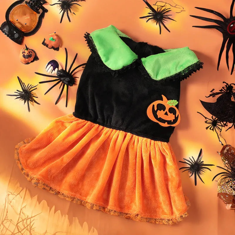 Halloween pumpkin skirt pet costume for small dogs in crystal velvet fabric with size options
