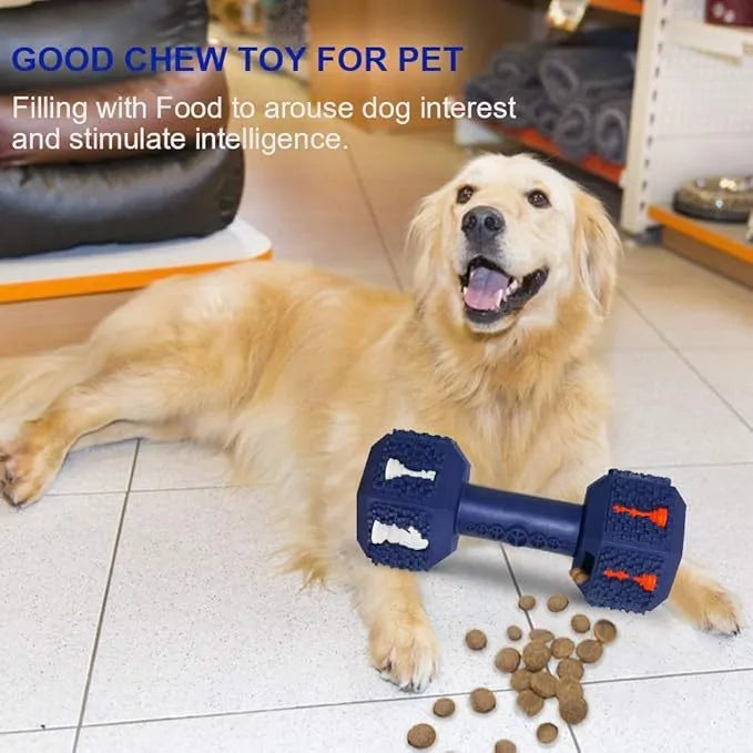 Blue hollow dumbbell dog chew toy with textured 3D particle surface on a white background.