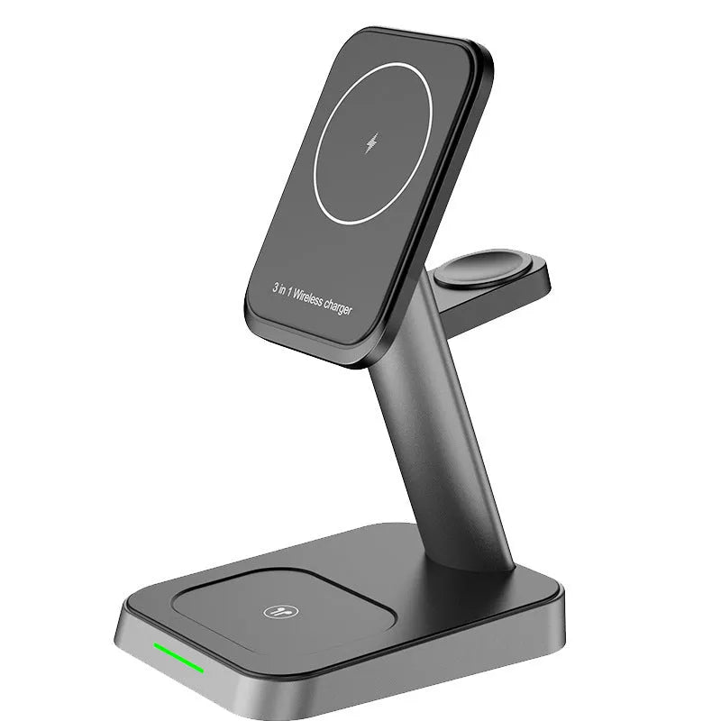 Black wireless charging station with vertical phone holder and integrated battery