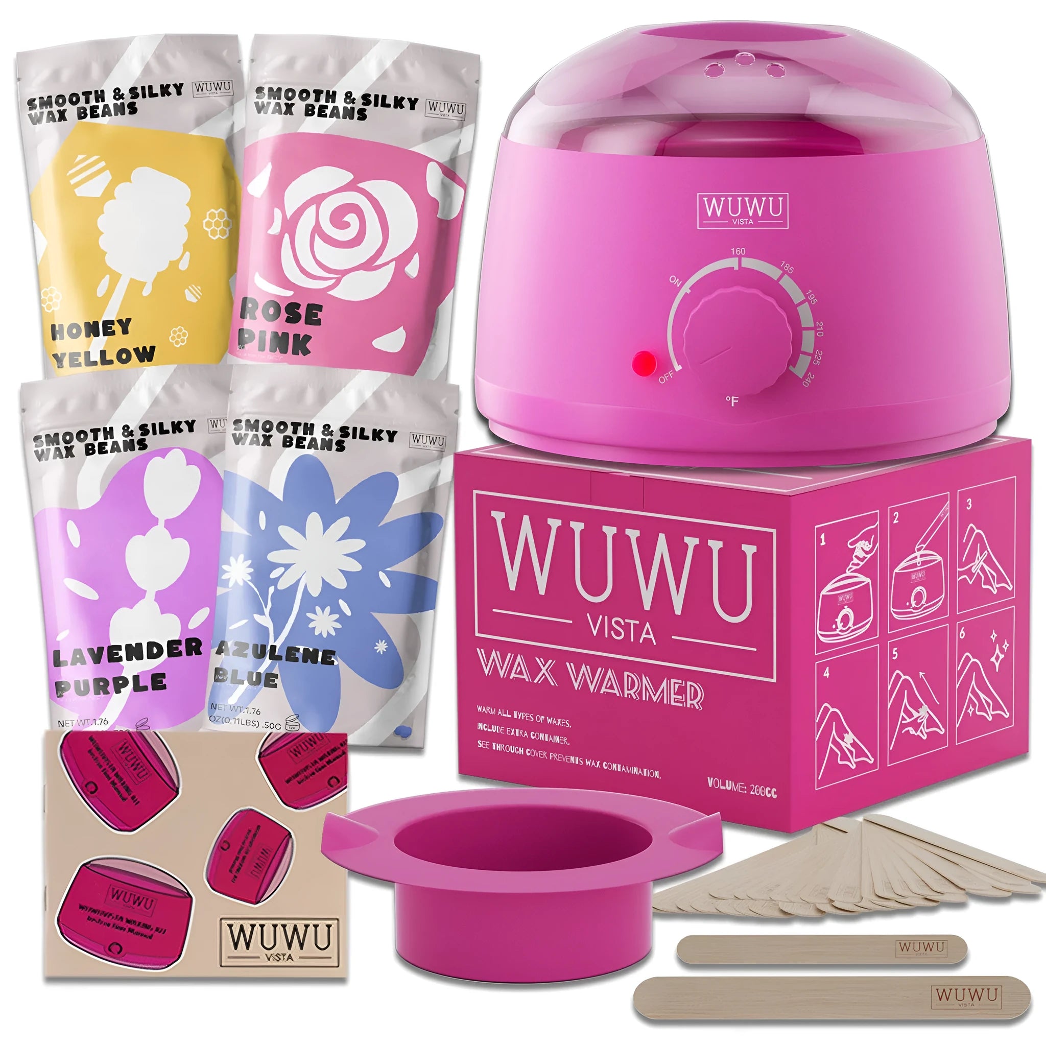 27-piece hair removal wax kit showing four coloured wax beads, a wax warmer machine, and application sticks