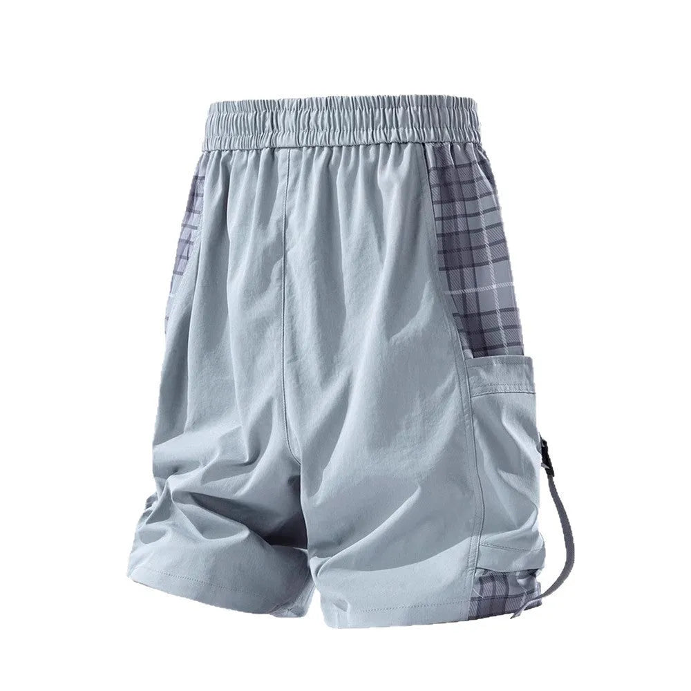 Men's loose-fit cargo shorts with plaid stitching detail in smoky grey colour.