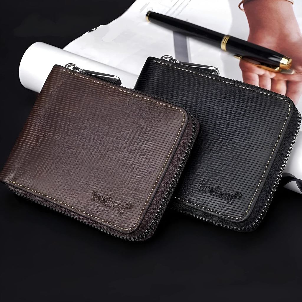Black leather credit card wallet with embossed pattern and anti-theft zipper closure
