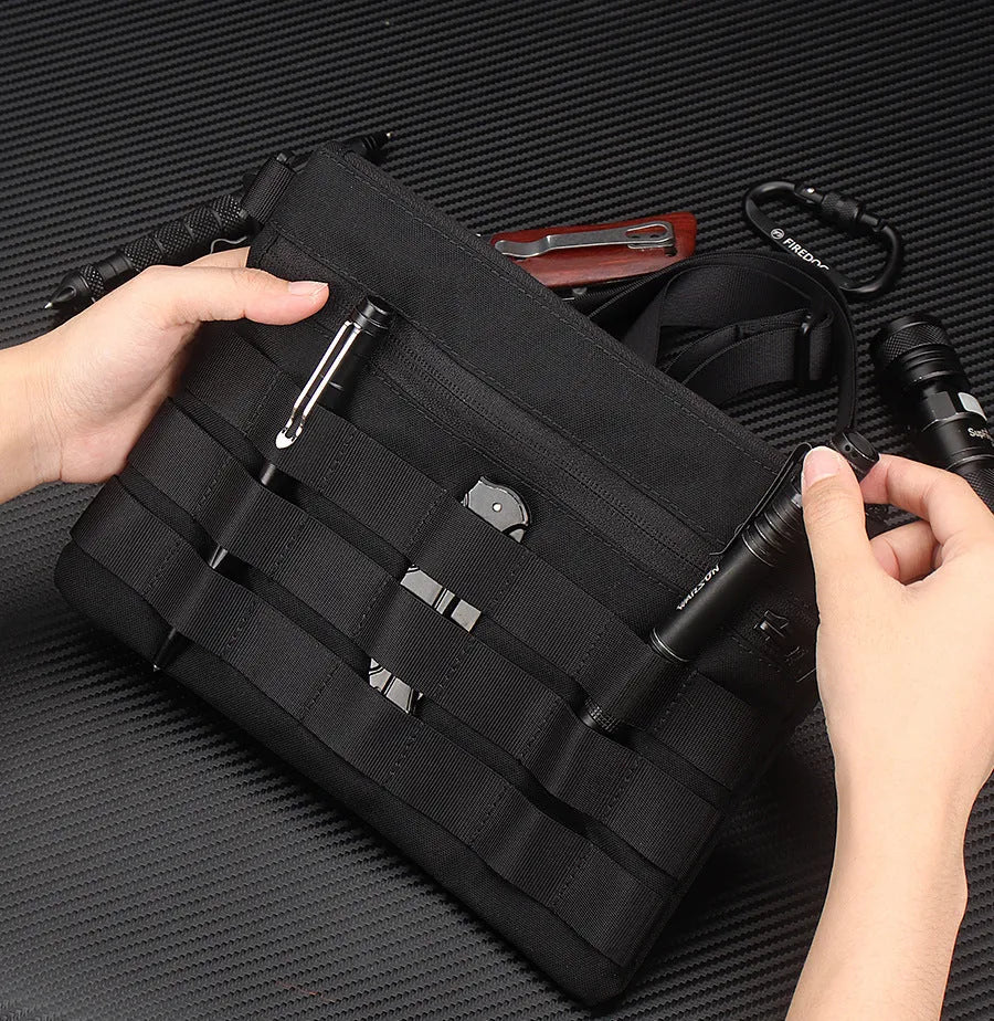 Black multifunctional outdoor kit made of Oxford cloth, measuring 18cm x 3.5cm, designed for military and camping use.