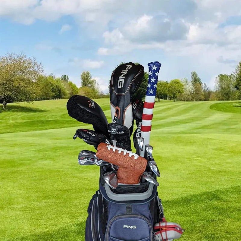 Black PU leather golf iron head cover and matching push rod sleeve case set.