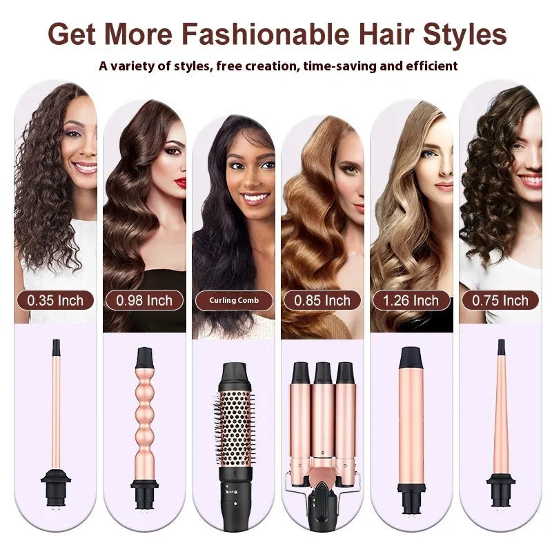 Three-barrel water wave hair curler with wired power cord and interchangeable styling tubes