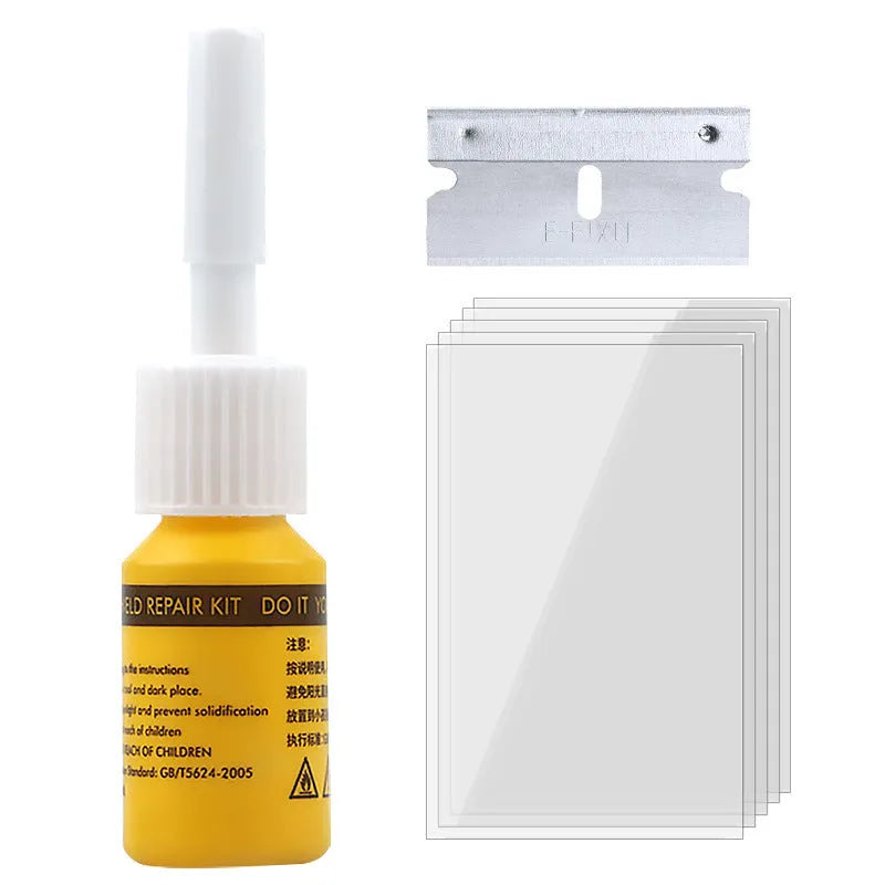 Yellow three-piece car glass repair agent tool set with liquid resin for windshield cracks