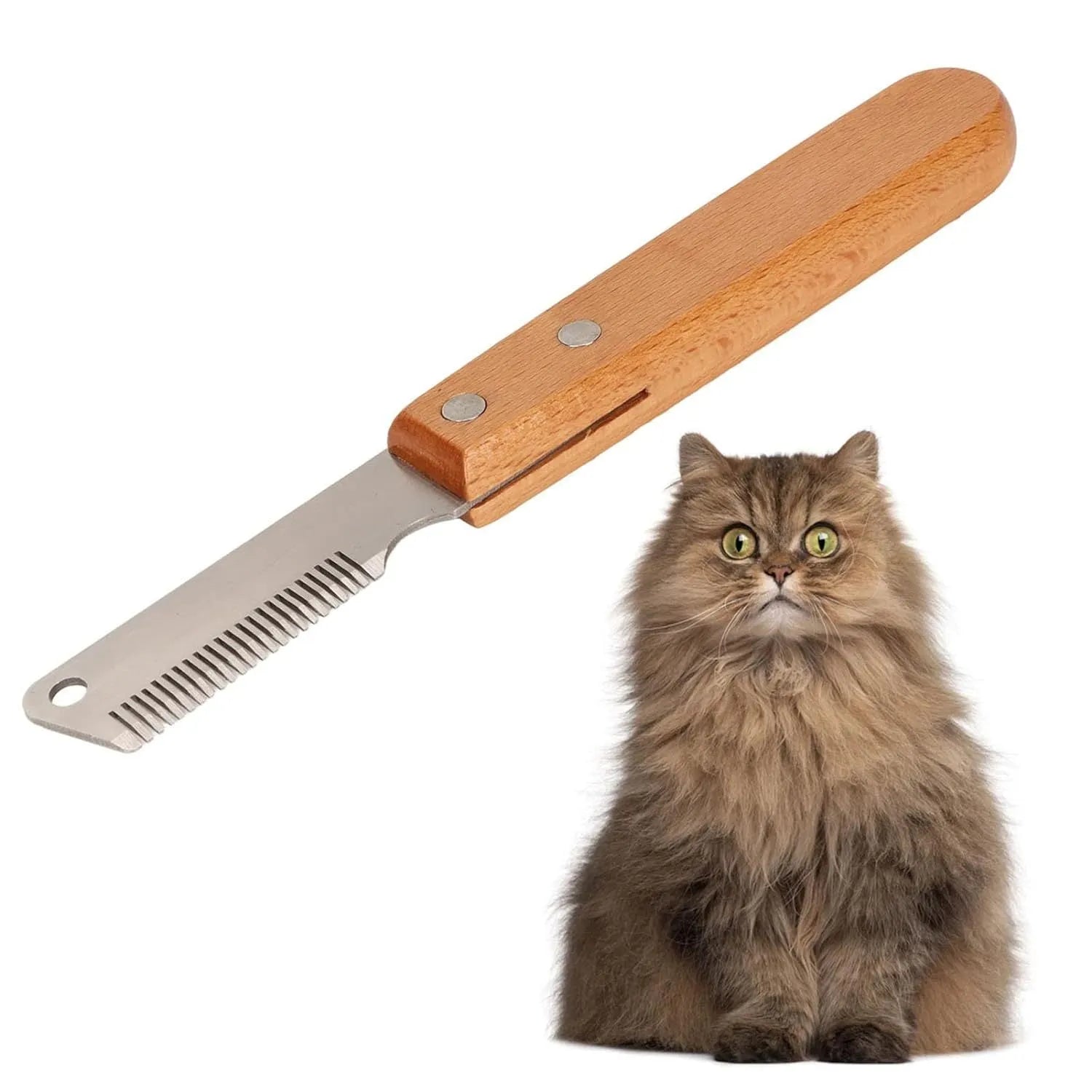 Pet stripping comb grooming tool with wood handle and metal teeth for dogs and cats.