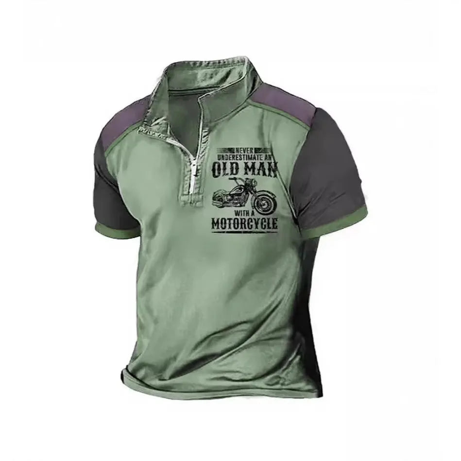 Men's casual short-sleeve polo shirt with digital printing on the lapel and zipper decorative details.