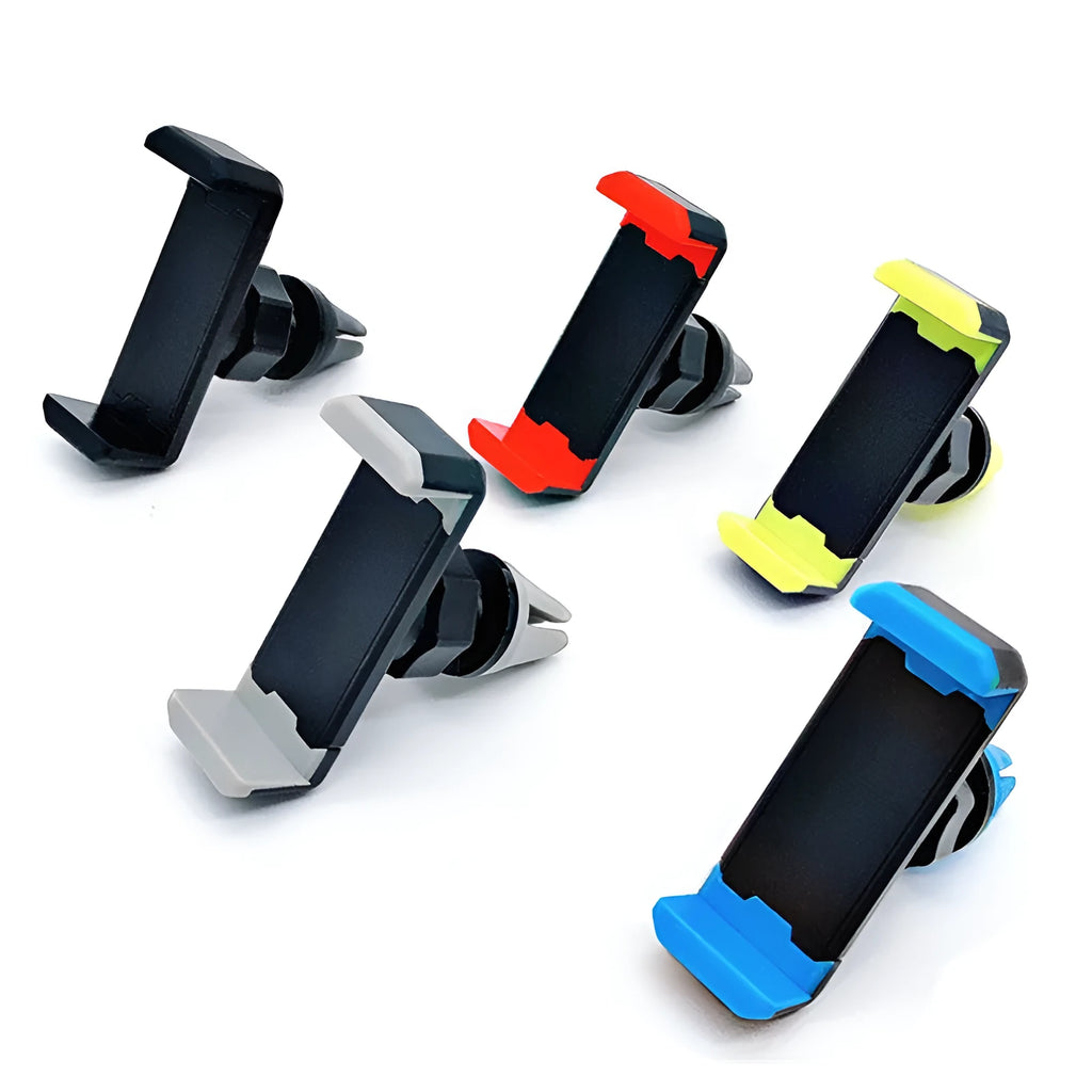 Snap-on mini mobile phone holder for car air outlet in ABS, shown in yellow, grey, blue, black and red