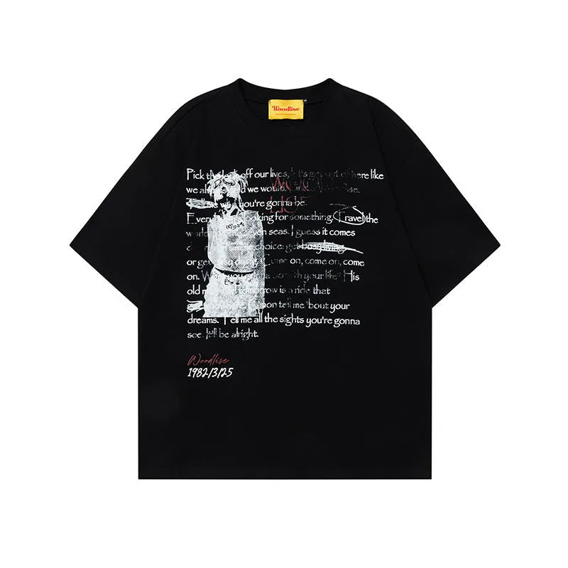 Men's black cotton T-shirt with white letter print and raglan sleeves in loose fit