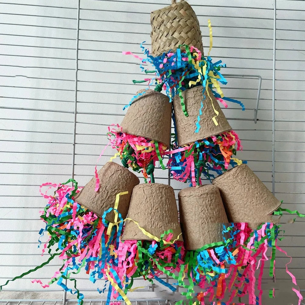Paper cup palm weaving parrot chewing toy with 38cm hanging height