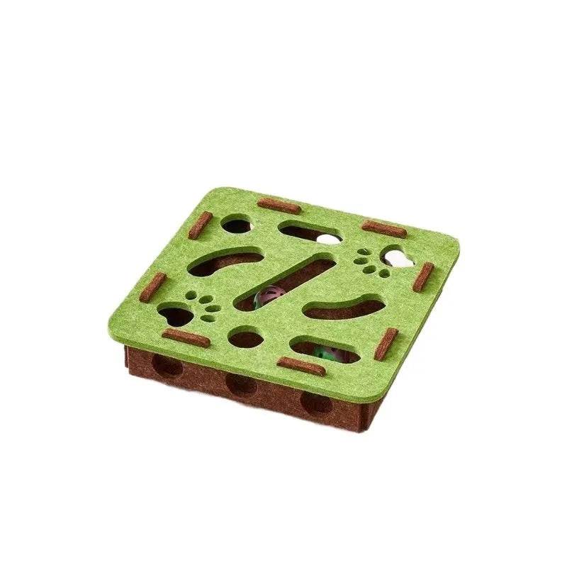 Square green brown felt cat toy box with holes for scratching and play, measuring 30cm.