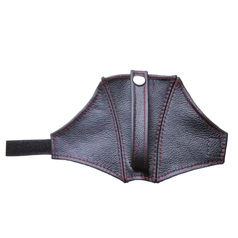Black leather racing seat belt buckle cover measuring 30cm by 20cm for RECARO and Bride harnesses.