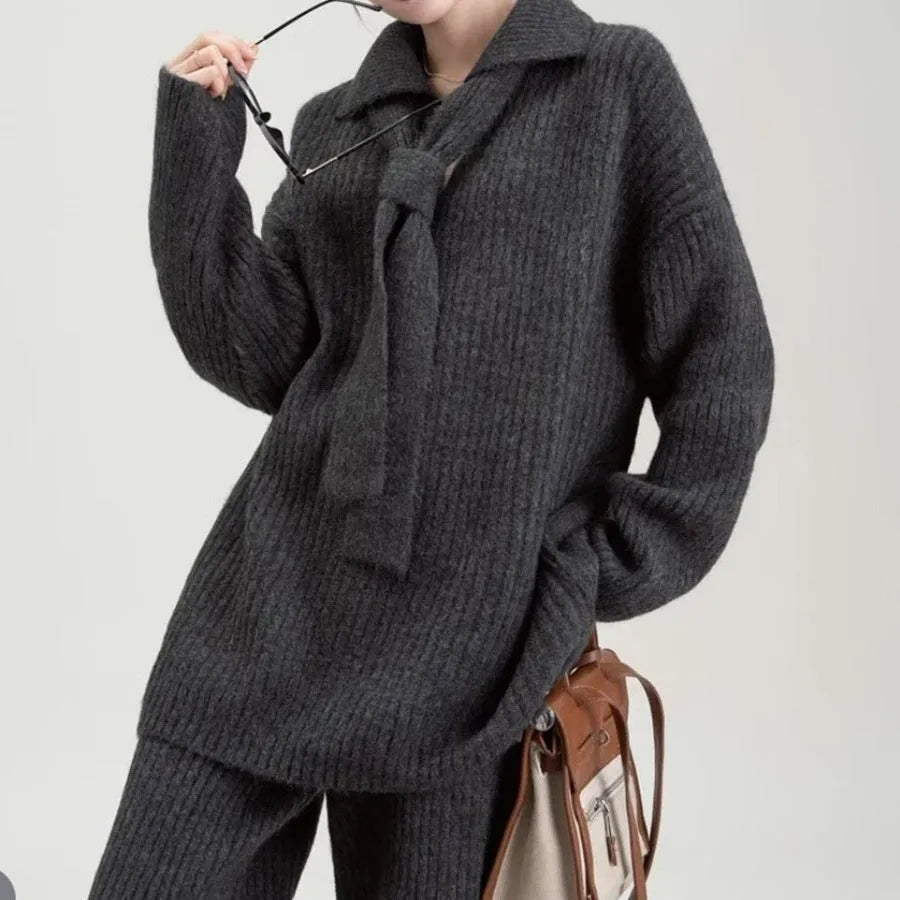 Women's beige imitation cashmere sweater suit two-piece set with knitting top and casual trousers
