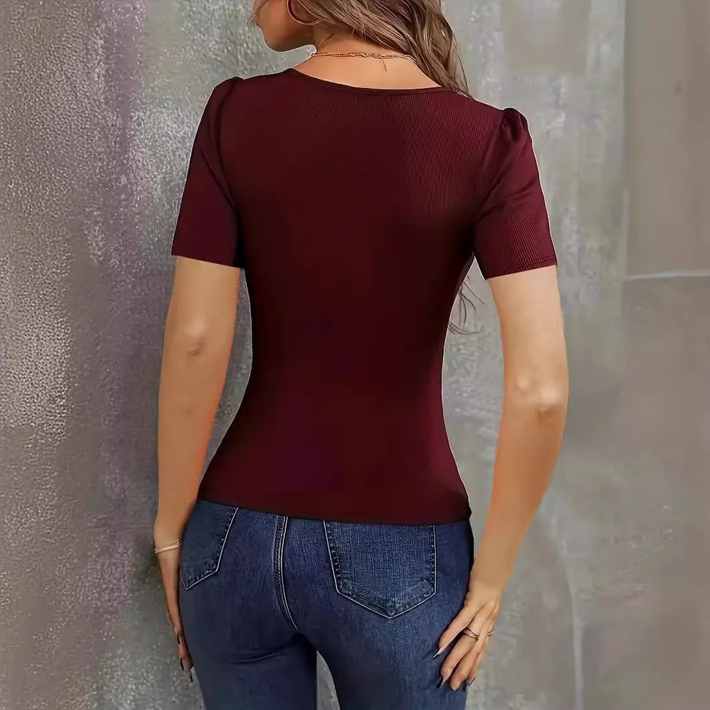 Women's wine red knitted short sleeve v-neck pullover top on hanger