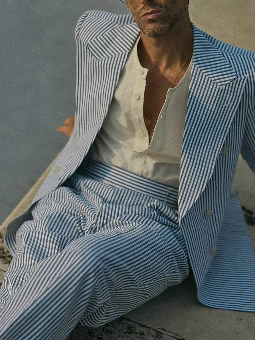 Blue and white striped women's polyester blazer and trouser suit set