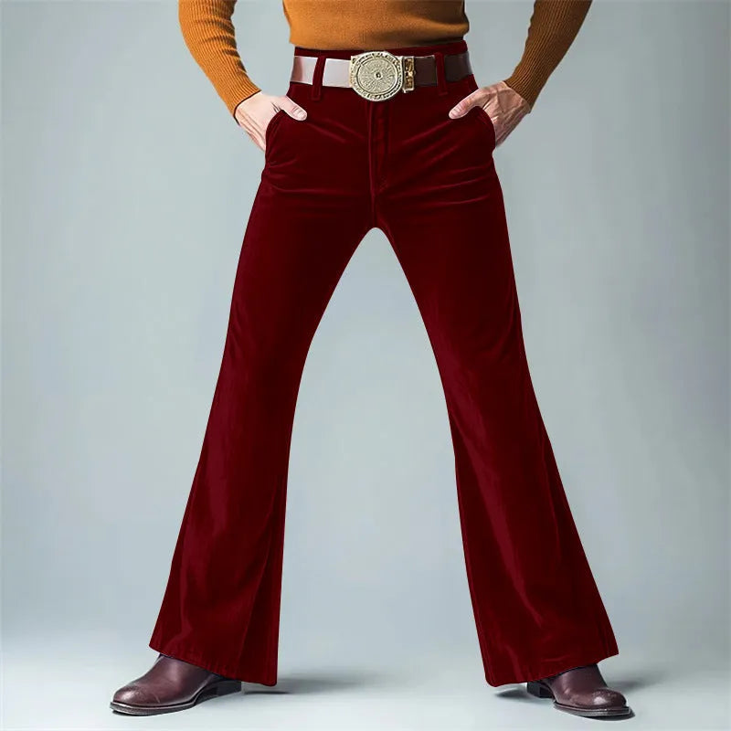 Men's slim flared suit pants in gold velvet fabric with lightweight business styling