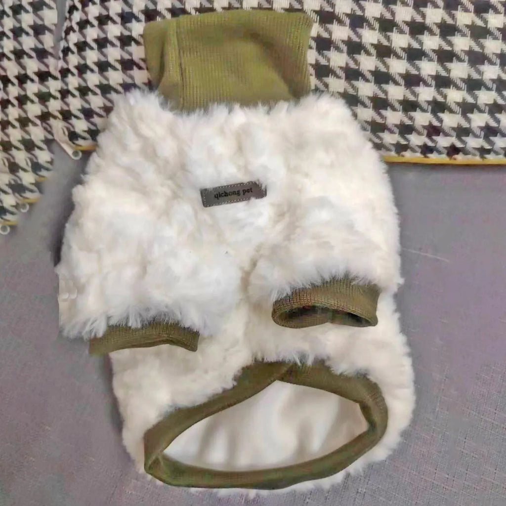 Turtleneck plush cotton-padded dog coat in high collar creamy green, sizes XS-XL for small and medium dogs