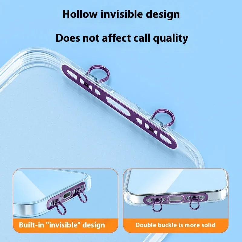 Mobile phone lanyard connector in metal with electroplated finish, side hanging clip and double buckle gasket.