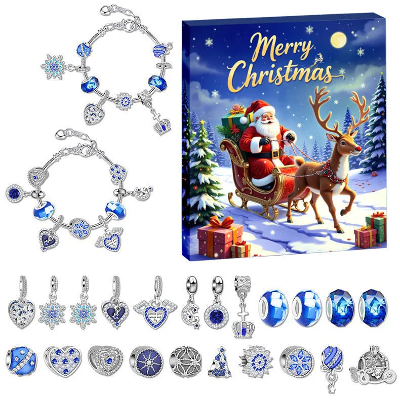 24 grid Christmas advent calendar countdown set with zinc alloy bracelet blind box in blue colourways