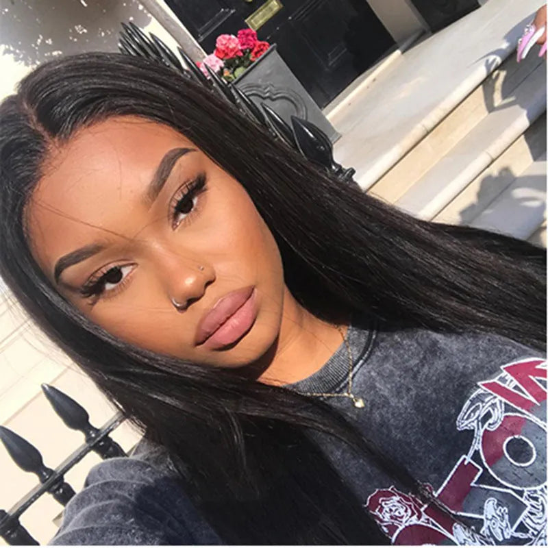 Long straight synthetic wig with centre-parted bangs in black colour for face shape modification
