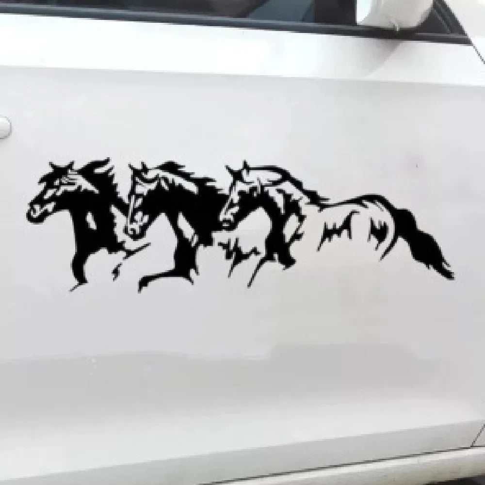 Black, white, red and blue steed horse design car body sticker measuring 25 by 8 cm.