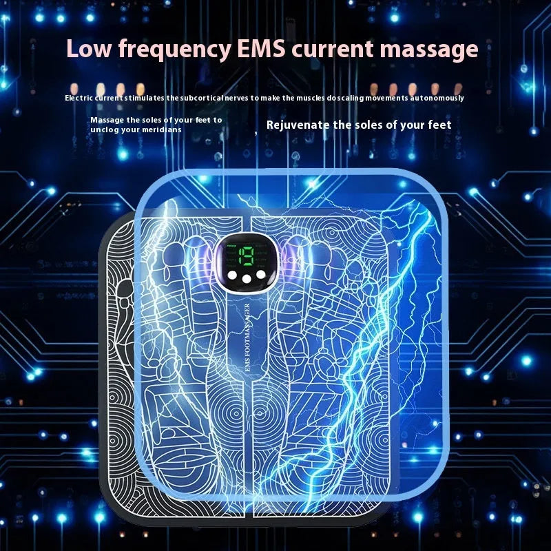 Blue square foot massage mat with USB charging cable and remote control for reflexology therapy