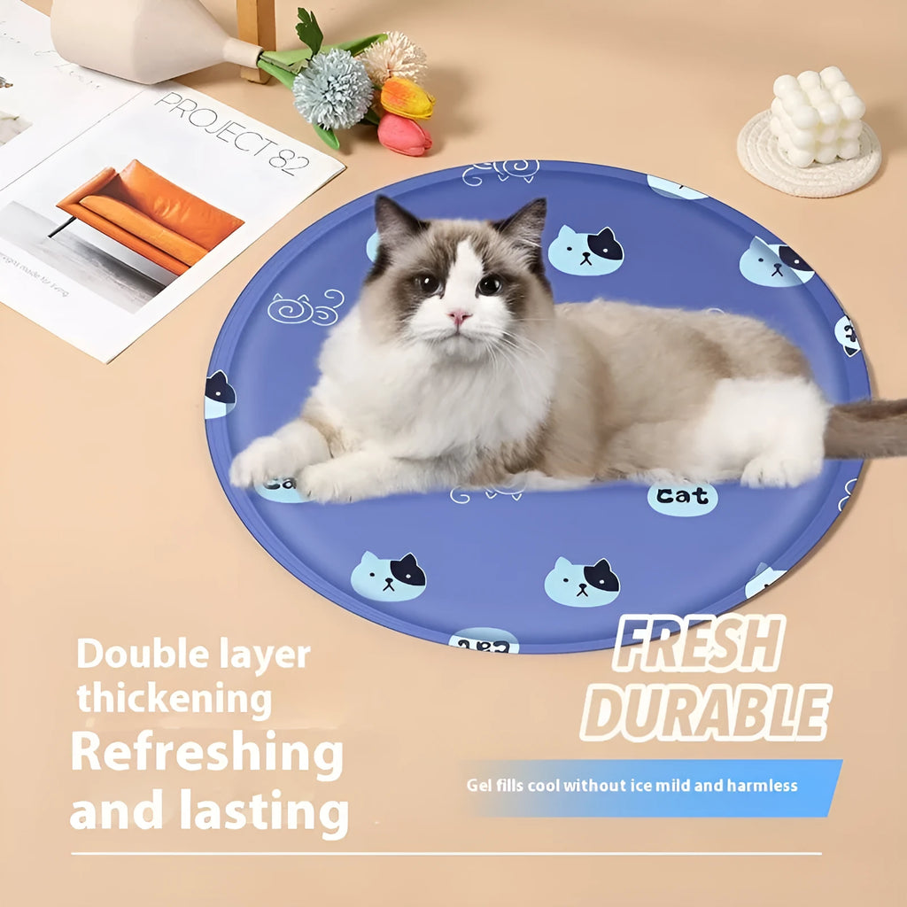 Dog cooling mat with cartoon design showing gel ice pad construction in beige bunny pattern