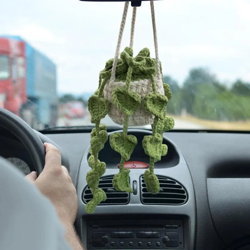 Green and white knitted wool macramé car air plant holder with hanging cord