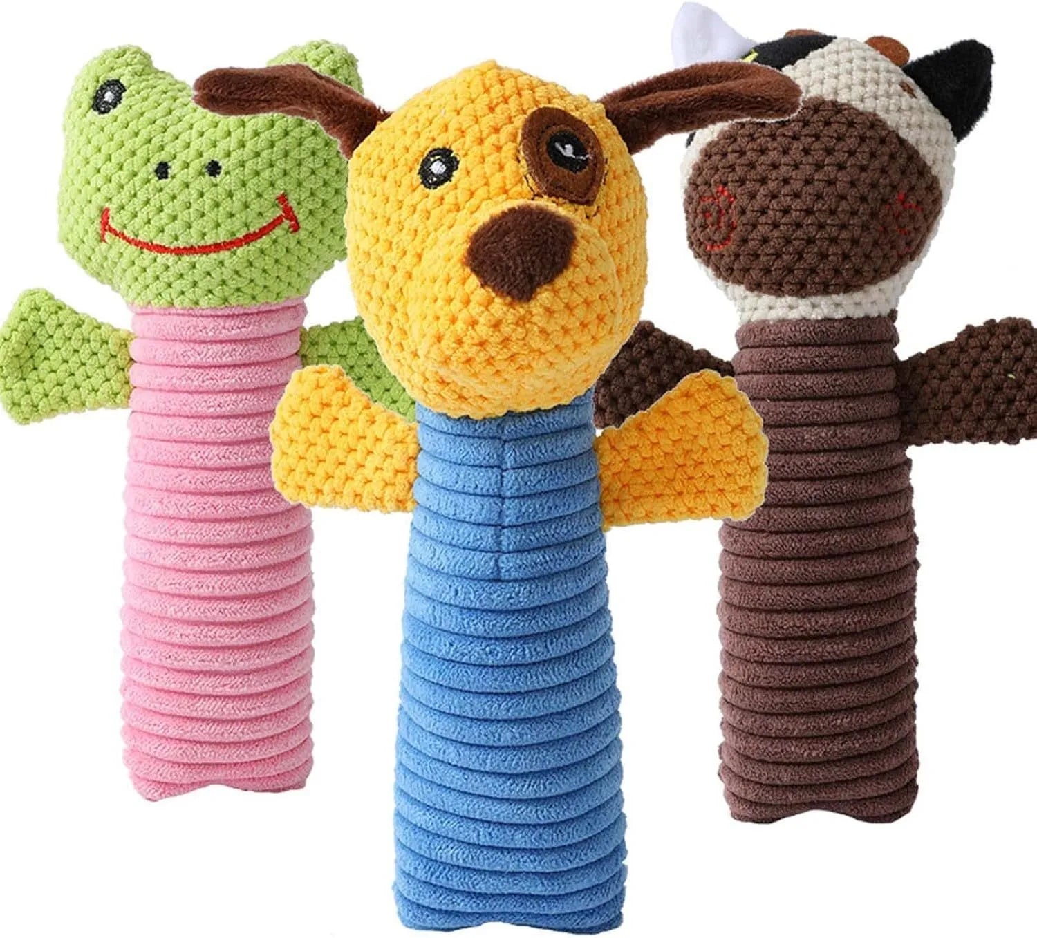 Dog squeaky chew toy shaped like a stuffed animal, 19cm long, for teeth cleaning and play.