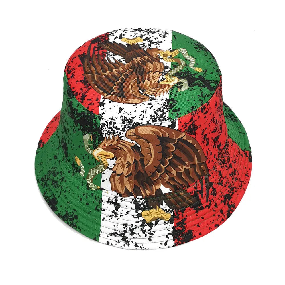 Eagle pattern polyester bucket hat with dome crown in retro style, size M fits 56-58cm