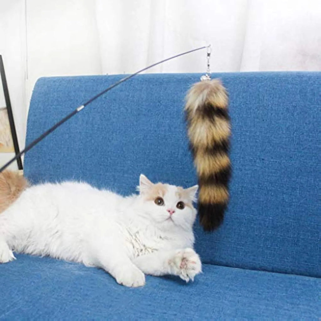 Black cat toy wand with feather attachment and long elastic string for interactive play