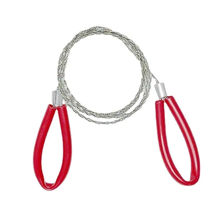Portable survival wire saw with leather case showing black and red colour options