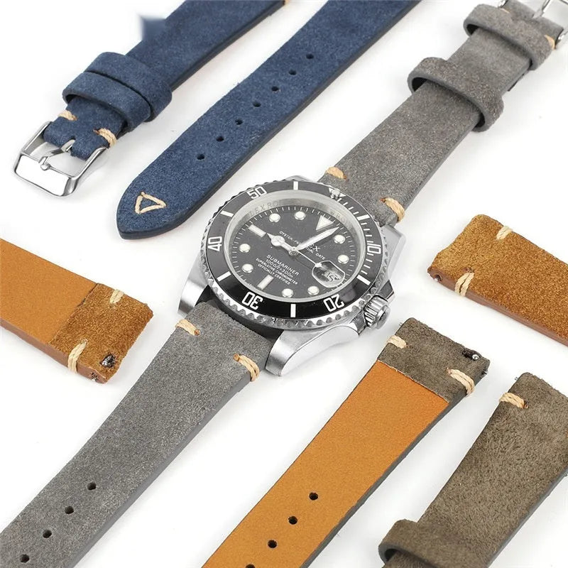 Small waist genuine suede leather watch strap in brown, blue, gray and Army Green colours
