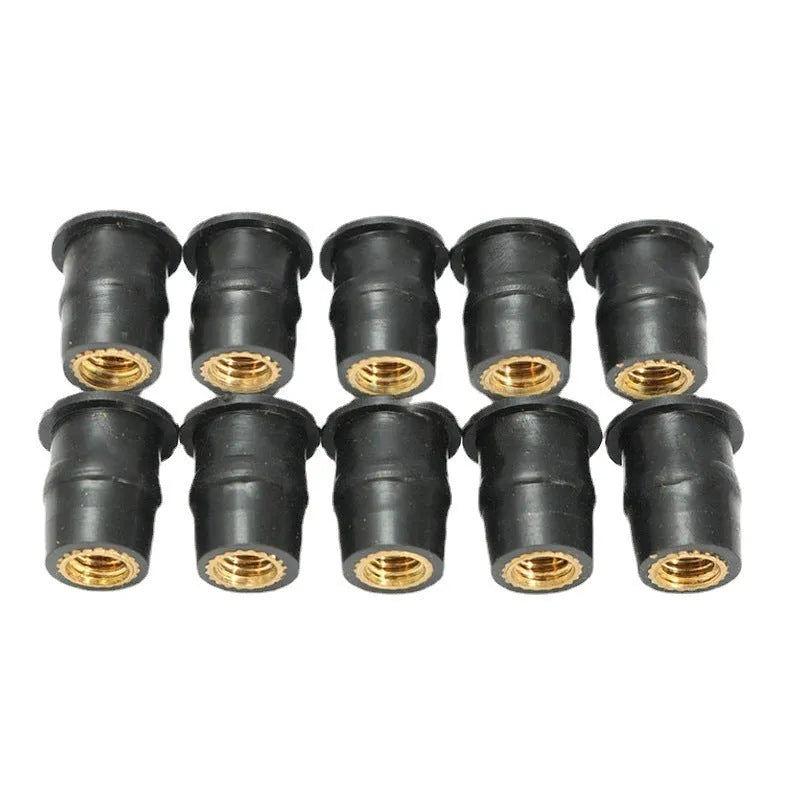 Motorcycle black rubber well nut fasteners with brass nuts in M4, M5, M6 sizes.