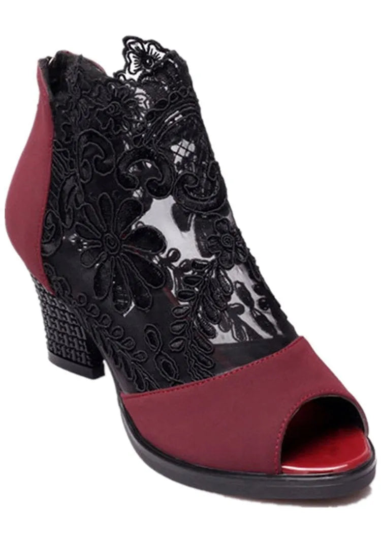 Women's black floral lace gladiator sandals with zip closure and square heels