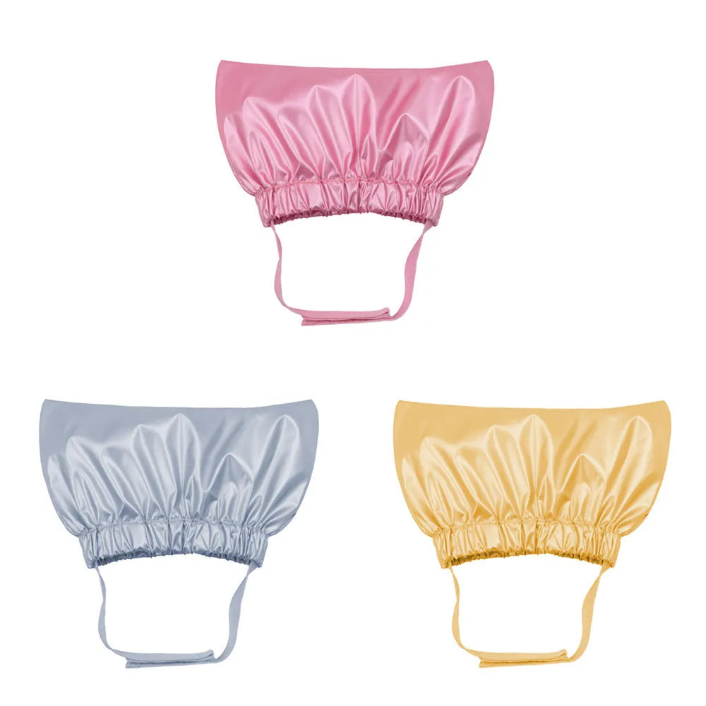 Adjustable waterproof shower cap for cats and dogs in silver colour showing ear protection design