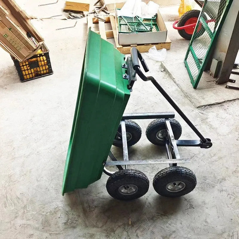 Green four-wheel plastic dump truck for agricultural tools with steel PP body and 350KG capacity