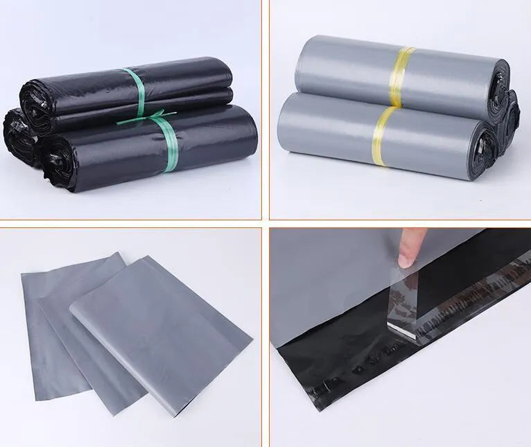 A bundle of 100 clear and coloured PE plastic courier bags with sticker seals for clothing protection.