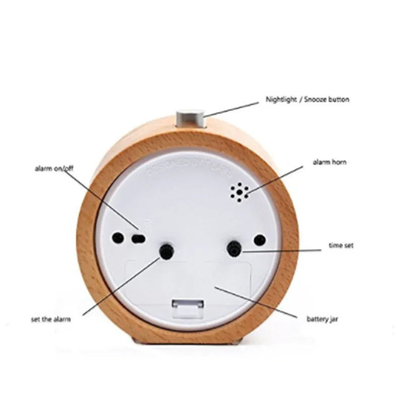 Solid beech wood alarm clock with 4-inch mirror dial and wooden casing